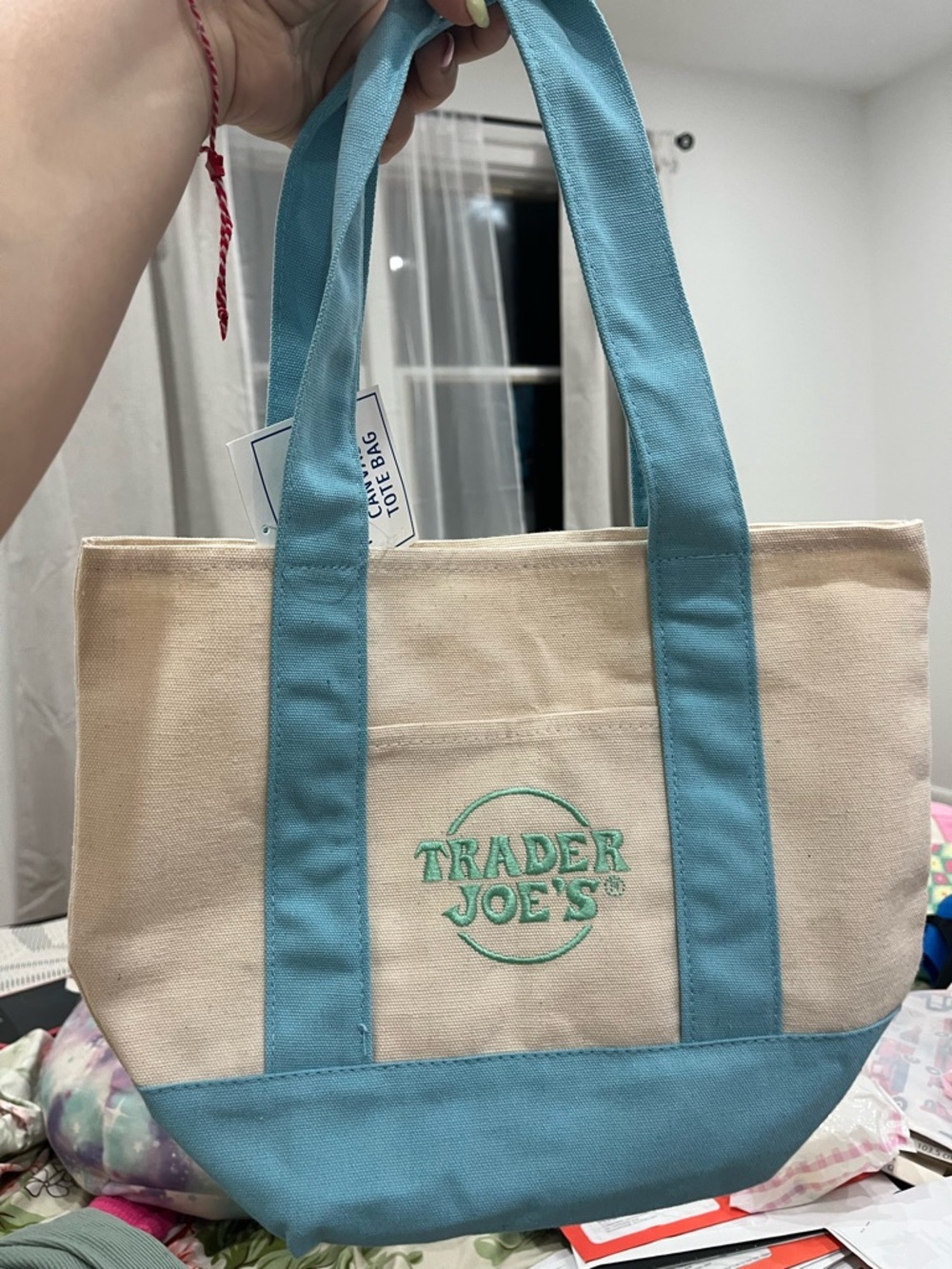 Trader Joe’s mini Canvas Tote Bag in Natural and Light Blue